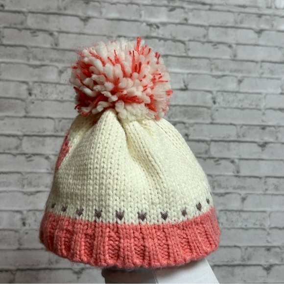 Knit Lined Winter Toddler Hat Pink Heart Pom Pom Toboggan Beanie 9.5" X 6" - Picture 2 of 8